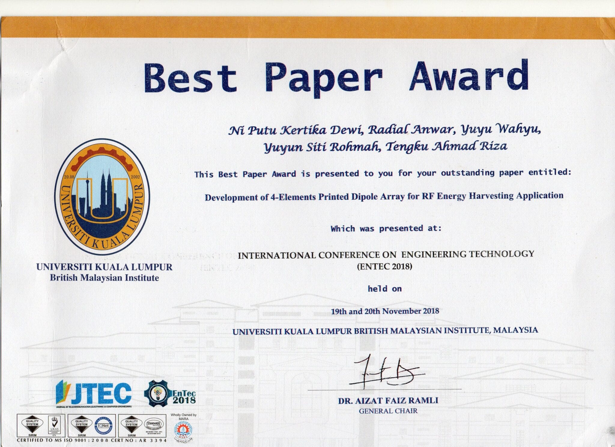 Best Paper Award 2018  International Conference on Engineering Technology (EnTec)